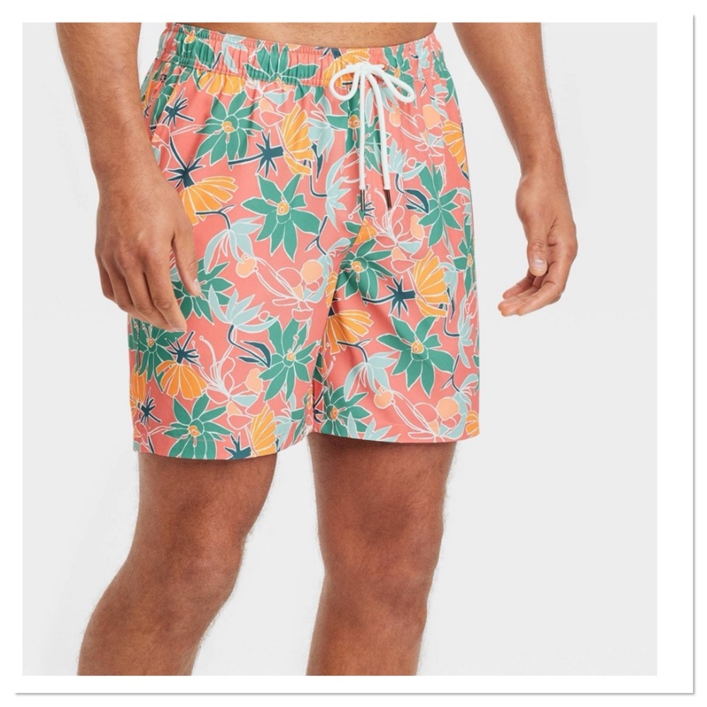 Goodfellow & Co Men's Floral Print Swim Trunks - Orange and Green